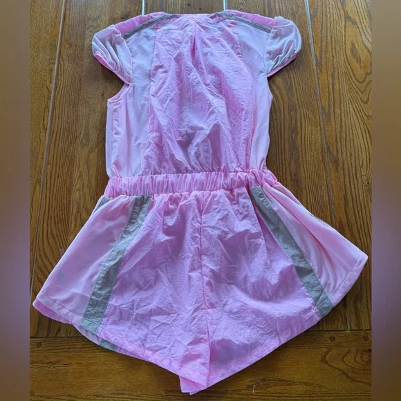 🆕 Daily Practice Puff Sleeve Front Zip Pink and Tan Short Sleeve Romper - Picture 10 of 13